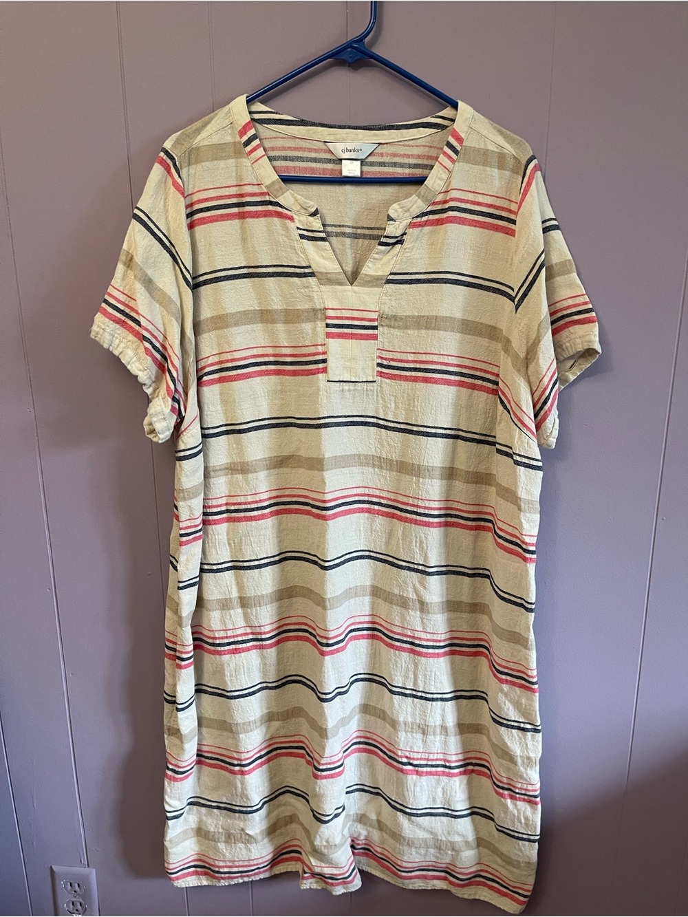 CJ Banks Beige Striped Short-Sleeve Tunic Dress with Pink & Black Accents